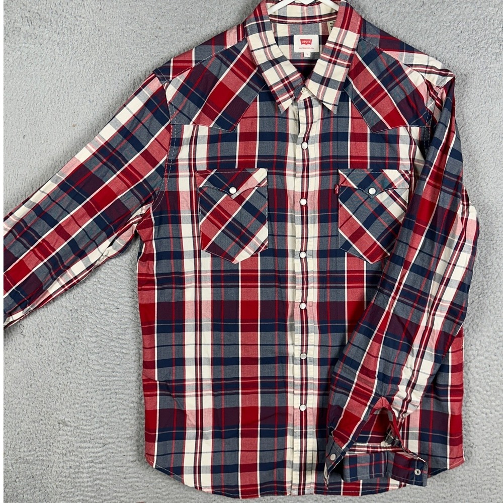 Levis Shirt Mens Large Blue Red Plaid‎ Western Pearl Snap Button Up Flap Pockets